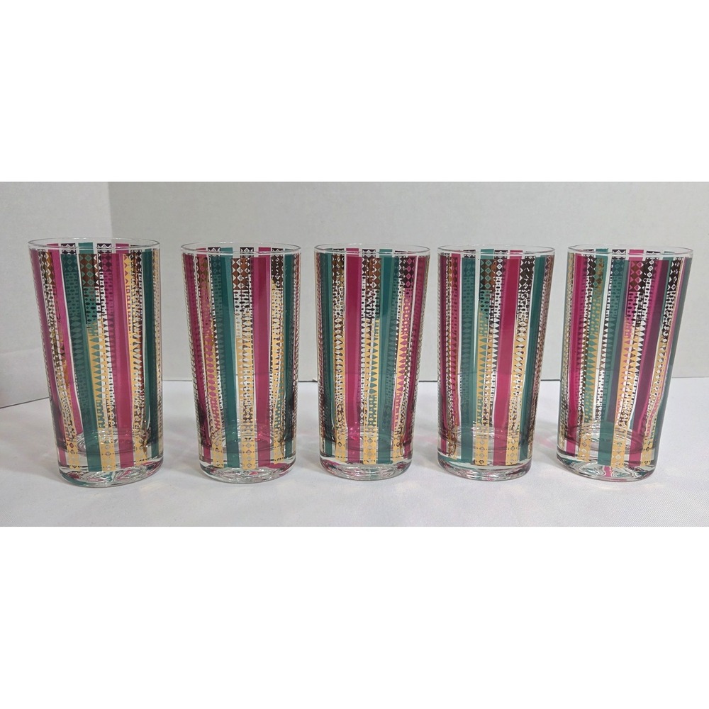 Vintage GEORGES BRIARD 22k Gold HARLEQUIN MCM Highball Cocktail Glasses Set of 5 - Picture 2 of 10